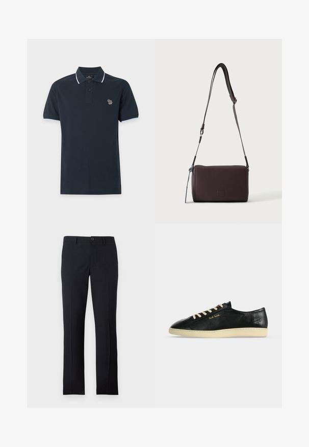 Polo bleu marine à manches courtes avec bordure bleu clair au col et aux manches, deux boutons, et un petit logo zèbre multicolore sur la poitrine.; Pantalon habillé noir cintré avec un motif à carreaux subtil, fermeture à boutons devant, passants pour ceinture et plis marqués sur chaque jambe.; Baskets basses en cuir noir avec semelle crème et lacets, logo doré "Paul Smith" sur le côté, et symbole embossé près du talon.; Sac bandoulière en cuir marron foncé texturé avec une sangle réglable et un petit accent décoratif bleu sur le côté.