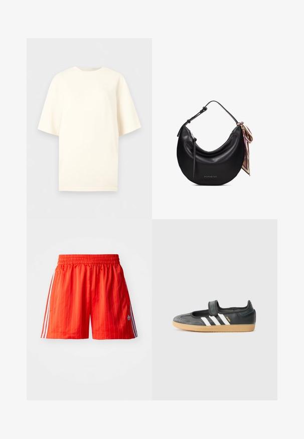 Schlichtes, übergroßes T-Shirt in Off-White mit kurzen Ärmeln, rundem Halsausschnitt und minimal sichtbarem Branding auf der oberen Brust.; Rote Sportshorts mit vertikalen weißen Streifen, elastischem Bund und hellblauen Akzenten an den Seiten. Verfügt über Seitentaschen.; Schwarze Leder- und Wildledersneaker mit einem Klettverschluss, ausgestattet mit drei weißen Streifen und einer Gummisohle, beschriftet mit "SAMBA" an der Seite.; Schwarze, halbmondförmige Lederhandtasche mit verstellbarem Riemen, silbernem Reißverschlussanhänger und gemustertem Seidenschal, der auf einer Seite gebunden ist.