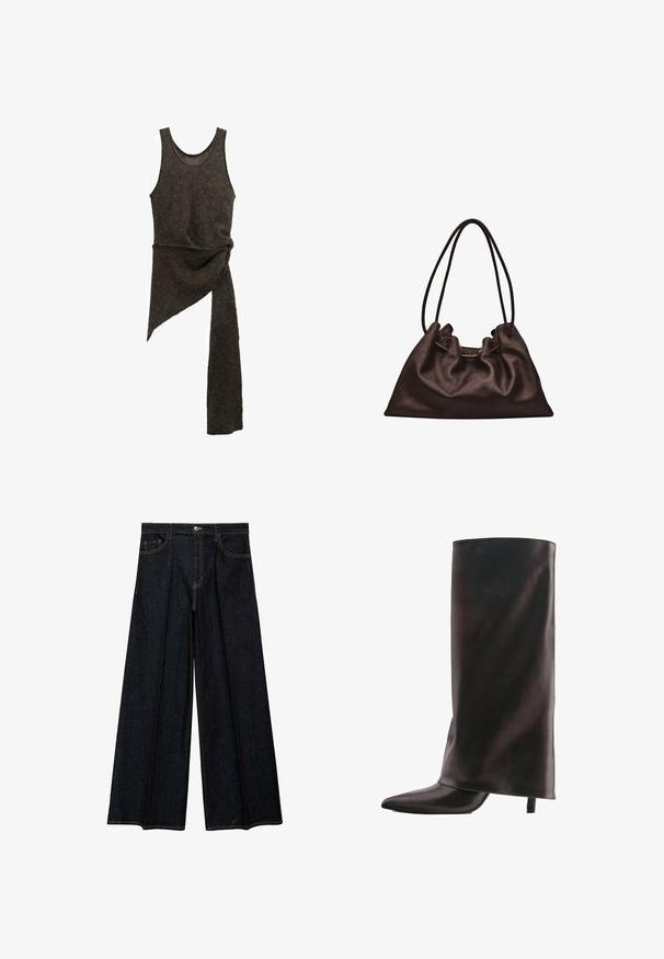 Ærmeløs mørkebrun asymmetrisk strikket kjole med en snoet taljedetalje og en lang stofforlængelse, der hænger på den ene side.; Vide ben jeans i mørkt denim med høj talje, frontlommer og kontrastfarvet syning. Glat tekstur med en skræddersyet finish.; Høj sort læderstøvle med spids tå og slank mellemhøj hæl på hvid baggrund.; Blød mørkebrun læderhåndtaske med en slasket form og to tynde skulderstropper mod en hvid baggrund.