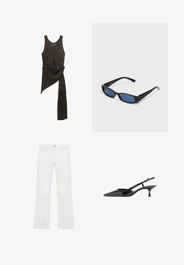 Ärmelloses, dunkelbraunes, asymmetrisches gestricktes Kleid mit verdrehtem Taillendetail und einer langen Stoffverlängerung, die auf einer Seite herunterhängt.; Weiße, ausgestellte Jeans aus einem glatten Baumwollstoff, mit fünf Taschen, einem Metallknopfverschluss und Gürtelschlaufen. Die Beine haben ein leichtes Verfeinerungsdetail.; Schwarzer Lackleder-Pumps mit spitz zulaufender Spitze, Slingback, flachem Absatz, dünnem Knöchelriemen und goldener Schnalle.; Schwarze Sonnenbrille mit einem eleganten rechteckigen Rahmen und blauen Gläsern. Besitzt eine glatte Oberfläche und robuste Scharniere. Markenlogo an der Seite.