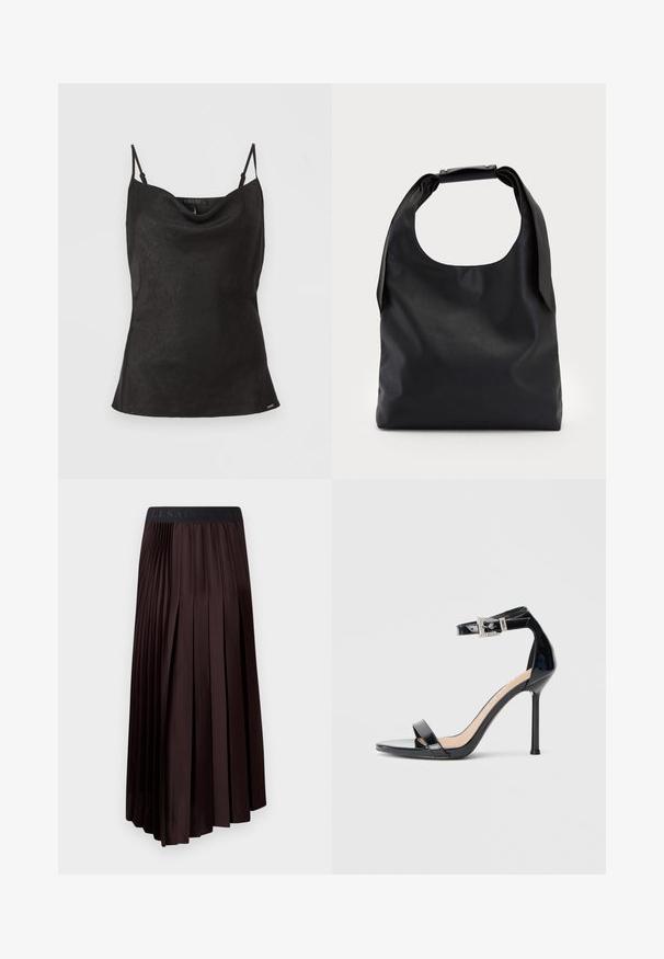 Top de satén negro tipo cami con tirantes ajustables, escote drapeado y textura geométrica sutil. Cuenta con pequeños adornos como detalle.; Falda midi plisada de color marrón oscuro con una textura suave, que presenta una cintura elástica y un detalle de logo en la parte superior.; Sandalia de tacón alto en piel sintética negra con correa en el tobillo. Presenta un diseño minimalista, punta abierta y una hebilla con detalles de pedrería.; Bolso de mano de cuero negro con una gran abertura superior y una sola correa para el hombro. Textura suave, diseño minimalista, con detalles sutiles de herrajes.