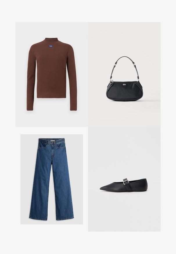 Brun langærmet turtleneck top lavet af ribstrikket stof. Har en blå logo-patch på brystet. Simpelt design med tætsiddende silhuet.; Bredde ben blå denim jeans med høj talje, der har et klassisk fem-lomme design og en tekstureret taljebånd.; Sort flad sko i læder med spids tå og sidelås. Glat tekstur, minimalistisk design, lav profil. Velegnet til casual brug.; Sort skuldertaske med justerbar rem, lynlås og lille sølv krokodille logo foran i midten.