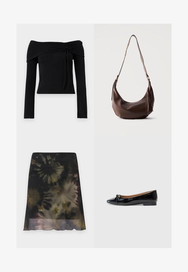 Schwarzes Off-Shoulder-Oberteil mit langen Ärmeln, das mit einem Bindedetail am Ausschnitt und einer taillierten Silhouette ausgestattet ist. Glattes, elastisches Material.; Knielanger Rock mit dunklem Batikmuster in Schwarz-, Braun- und Beigetönen, mit leichtem Schlag und durchsichtigem unteren Saum.; Schwarze Lackleder-Ballerinas mit spitzer Zehenform, kleiner Schleifendetail an der Vorderseite und niedrigem, quadratischem Absatz. Glatte, glänzende Textur.; Braune Leder-Umhängetasche mit goldfarbenen Nieten am Riemen und Lederquasten am Reißverschluss, vor einfarbigem Hintergrund gezeigt.