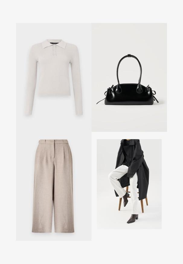 Lys grå langærmet polo med ribbet tekstur, to-knaps placket og klassisk krave. Blødt stof med en tætsiddende pasform.; Beige bukser med høj talje og vide ben, forsynet med forreste læg, knaplukning og bæltestropper på hvid baggrund.; Sort, oversized trenchcoat over en sort top, parret med hvide bukser og brune, spidse ankelstøvler, siddende på en træstol.; Lille sort blank håndtaske med to lange håndtag og snøre-detaljer i siden på en ensfarvet lys baggrund.