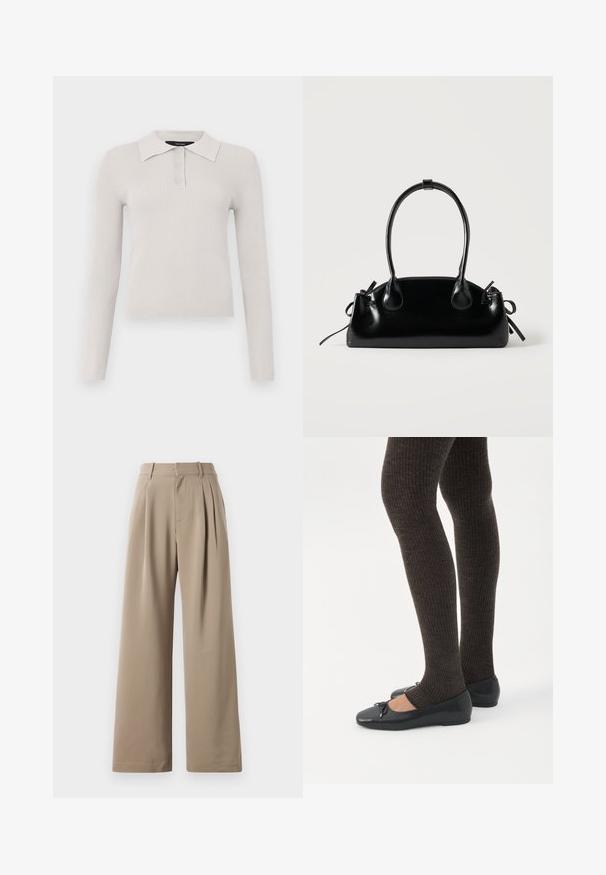 Polo à manches longues gris clair avec une texture côtelée, patte de boutonnage à deux boutons et col classique. Tissu doux avec une coupe ajustée.; Pantalons larges beige avec plis, devant plat, poches latérales et passants de ceinture. Fabriqués en tissu lisse et léger.; Jambes portant des leggings côtelés foncés associés à des ballerines noires avec de petits détails en nœud sur fond blanc.; Petit sac à main noir brillant avec deux longues anses et des détails à cordon sur les côtés sur un fond clair uni.