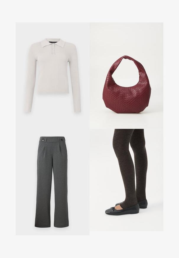 Polo à manches longues gris clair avec une texture côtelée, patte de boutonnage à deux boutons et col classique. Tissu doux avec une coupe ajustée.; Pantalons large gris en tissu texturé, avec une taille haute, des plis à l'avant et deux boutons à la taille.; Jambes portant des leggings côtelés foncés associés à des ballerines noires avec de petits détails en nœud sur fond blanc.; Sac à main tissé bordeaux avec une silhouette arrondie, une seule poignée et une finition texturée. Fermeture zippée en haut.