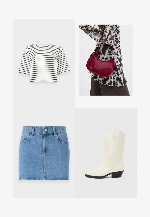 Witte cropped T-shirt met zwarte horizontale strepen en korte brede mouwen op een effen lichte achtergrond.; Denim mini-jurk in lichtblauw. Heeft een aansluitend ontwerp, vijf-pocket stijl, een knoopsluiting en een rechte zoom met een lichte rafeling.; Witte westernlaars tot halverwege de kuit met puntige neus, zwarte gestapelde hak, decoratieve stiknaden en een lus aan de schacht.; Vrouw met een zwart-wit gebloemde blouse houdt een glanzende rode schoudertas vast tegen een effen achtergrond.