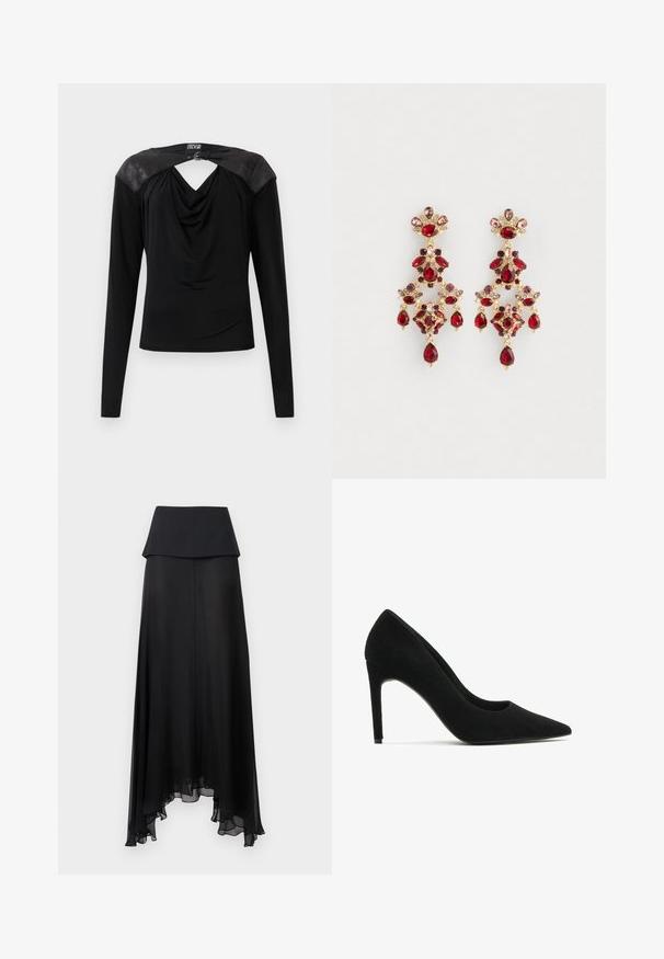 Schwarzes Langarmshirt mit drapierter Vorderseite, Leder-Schulterpaneelen und einer kleinen silbernen Schnalle am hinteren Halsausschnitt.; Schwarzer Maxirock mit hoher Taille, schichtweisem Taillenbund und asymmetrischem, transparentem Saum mit weichen Rüschen.; Schwarzer Wildleder-High-Heel-Pumps mit spitzer Zehenform, glatter Textur und eleganter Silhouette; verfügt über einen Stiletto-Absatz und minimalistisches Design.; Goldene Kronleuchter-Ohrringe mit mehreren roten, rosa und violetten Edelsteinen, die in kunstvollen Blumen- und Tropfenmustern angeordnet sind.