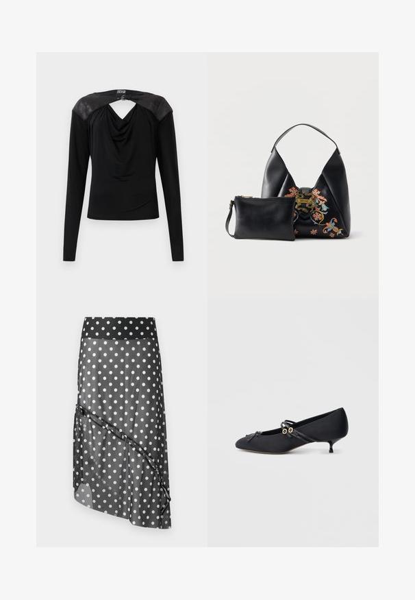 Haut noir à manches longues avec un devant drapé, des panneaux d'épaule en cuir et une petite boucle argentée au dos du col.; Jupe à pois noirs avec une superposition transparente, dotée d'une ceinture large et d'un design asymétrique en couches. Texture lisse et matériau léger.; Chaussures en satin noir à talons bas avec un bout pointu, ornées d'un nœud décoratif et de fines brides en cuir avec des accents dorés.; Sac à main en cuir noir avec broderie florale et fermoir serpent doré, accompagné d'une petite pochette noire assortie zippée.