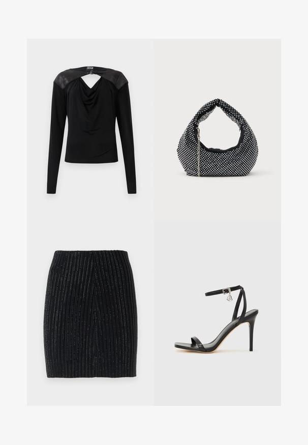 Sort langærmet bluse med draperet front, læder skulderpaneler og en lille sølv spænde i nakken bagpå.; Sort strikket mini skirt med lodrette ribber og subtile metallic tråde. Har et tætsiddende design og en centralt bagåbning for let bevægelse.; Sort hæl-sandal med smal ankrem, firkantet tå-boks, glat lædermateriale og metalspænde som pynt.; Sort mesh håndtaske prydet med sølvnitter, udstyret med et buet håndtag og en kædetraspe. Blød tekstur med en rund form.