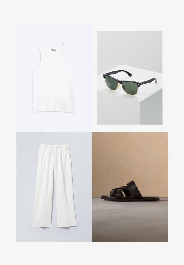 Camiseta sin mangas blanca con cuello redondo y etiqueta de la marca Weekday en el interior del cuello trasero, mostrada plana sobre un fondo claro.; Pantalones blancos de pierna ancha con cintura elástica y cordón, con bolsillos laterales y una tela lisa ligeramente texturizada.; Sandalia deslizante de cuero negro con tres tiras cruzadas, suela plana y textura suave, suspendida sobre una alfombra de fibra natural tejida.; Gafas de sol Ray-Ban con lentes verdes, montura de plástico negro y acentos dorados en los bordes. Forma cuadrada con acabado mate.