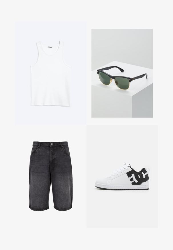 Hvid ærmeløs tanktop med rund halsudskæring og Weekday-mærke på den indvendige baghals, vist fladt på lys baggrund.; Sorte denim shorts med en afslappet pasform, fem lommer og knaplukning. Stoffet har en glat tekstur med let falming.; Hvide atletiske sko med en glat syntetisk overdel, der har sorte logo-detaljer og en gummisål. Snørebåndsdesign, med afrundet tåform.; Ray-Ban solbriller med grønne linser, sorte plastikstel og gyldne detaljer ved kanterne. Firkantet form med mat finish.
