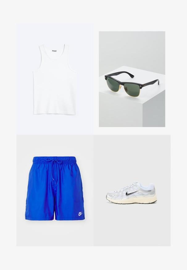 Wit mouwloos hemdje met ronde hals en Weekday-merklabel aan de binnenkant van de achterkraag, plat weergegeven op een lichte achtergrond.; Blauwe sportieve zwembade shorts met een elastische tailleband, verstelbaar trekkoord, zijzakken en een wit Nike-logo rechtsonder.; Witte mesh sneakers met zilveren accenten, zwarte Nike swoosh, gevoerde kraag en een gestructureerde zool. Bevat een gelaagd ontwerp voor stabiliteit.; Ray-Ban zonnebrillen met groene lenzen, zwarte plastic monturen en gouden accenten aan de randen. Vierkante vorm met een matte afwerking.