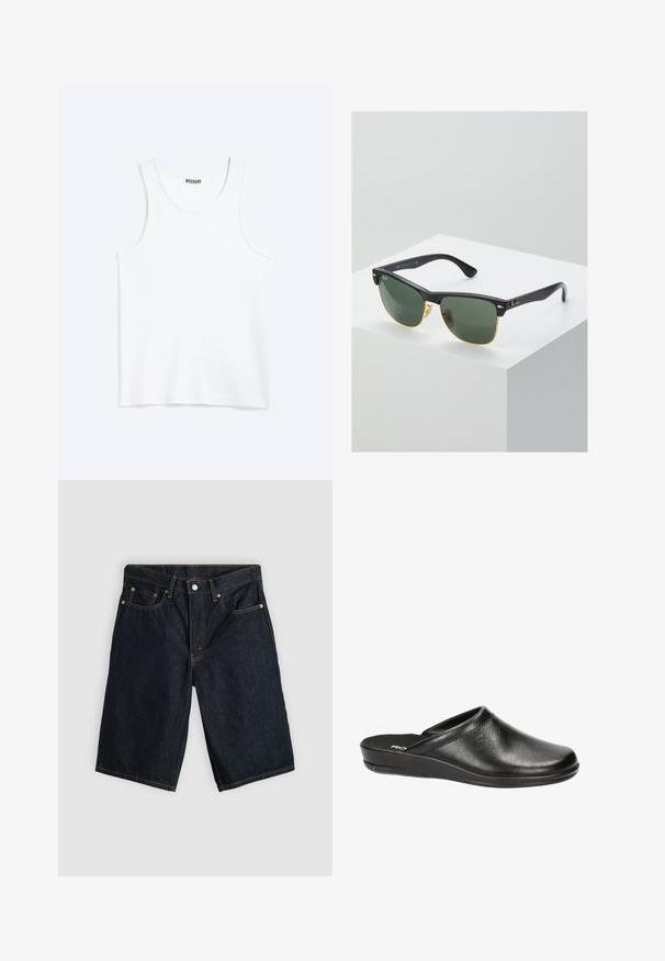 Wit mouwloos hemdje met ronde hals en Weekday-merklabel aan de binnenkant van de achterkraag, plat weergegeven op een lichte achtergrond.; Donkerblauwe denim shorts tot op de knie met een knoop aan de voorkant, rits en vijf zakken, plat gelegd op een lichtgrijze achtergrond.; Zwarte leren klompen met een ronde neus, lage hak en instapontwerp. Kenmerkt zich door een gladde textuur en subtiele stikseldetails op de bovenkant.; Ray-Ban zonnebrillen met groene lenzen, zwarte plastic monturen en gouden accenten aan de randen. Vierkante vorm met een matte afwerking.