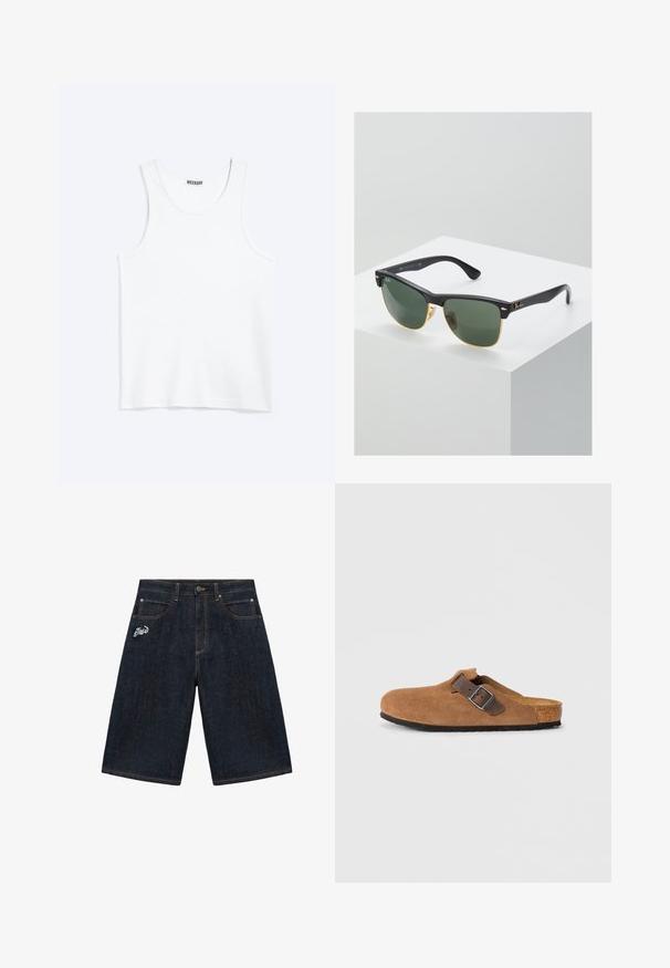 Hvid ærmeløs tanktop med rund halsudskæring og Weekday-mærke på den indvendige baghals, vist fladt på lys baggrund.; Mørkeblå denim knælange shorts med forlommer, bæltestropper, knaplukning og hvid broderet tekst på venstre lomme.; Brune ruskindsklogs med en justerbar brun læderrem og sølv spænde, der har en formet korkfodbed og en tekstureret gummi sål.; Ray-Ban solbriller med grønne linser, sorte plastikstel og gyldne detaljer ved kanterne. Firkantet form med mat finish.