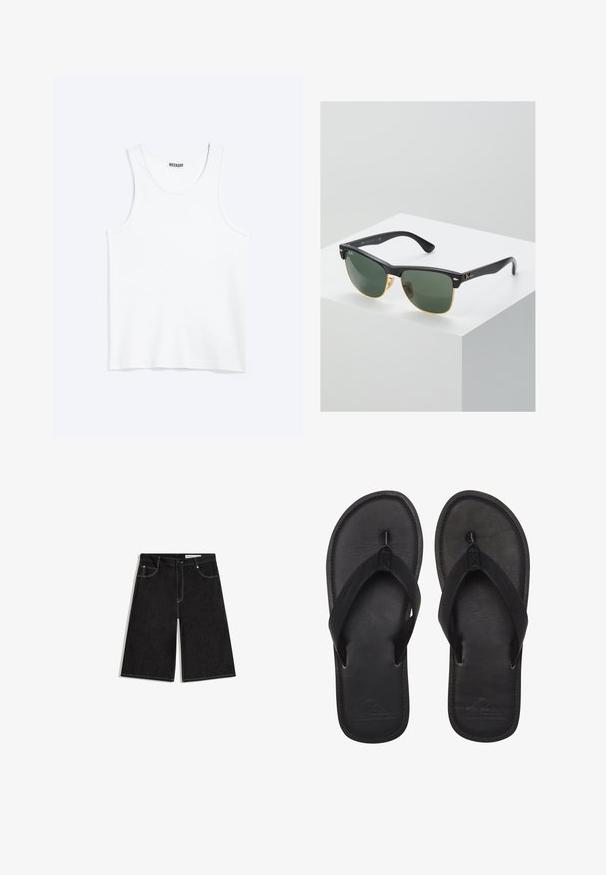 Weißes ärmelloses Tanktop mit rundem Ausschnitt und Weekday-Markenetikett auf der Innenseite des hinteren Kragens, flach auf hellem Hintergrund dargestellt.; Schwarze Denim-Knielange Shorts mit vorderen Taschen, Knopfverschluss und sichtbaren weißen Nähten, flach auf einem weißen Hintergrund liegend.; Schwarze Flip-Flops aus glattem Material, mit einem Riemen im Zehensteg-Stil, strukturiertem Fußbett und geprägtem Logo auf der Sohle.; Ray-Ban Sonnenbrillen mit grünen Gläsern, schwarzen Kunststoffrahmen und goldenen Akzenten an den Rändern. Quadratische Form mit matter Oberfläche.