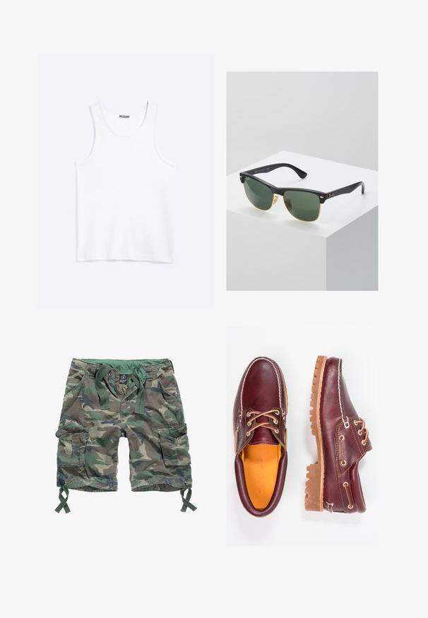 Wit mouwloos hemdje met ronde hals en Weekday-merklabel aan de binnenkant van de achterkraag, plat weergegeven op een lichte achtergrond.; Cargoshorts in een camouflagepatroon, met meerdere zakken, een elastische tailleband met trekkoorden en van katoenmateriaal.; Bordeaux leren schoenen met bruine rubberen zolen, ronde neus, witte stiksels en gouden veterogen. Het interieur heeft een gele voering.; Ray-Ban zonnebrillen met groene lenzen, zwarte plastic monturen en gouden accenten aan de randen. Vierkante vorm met een matte afwerking.