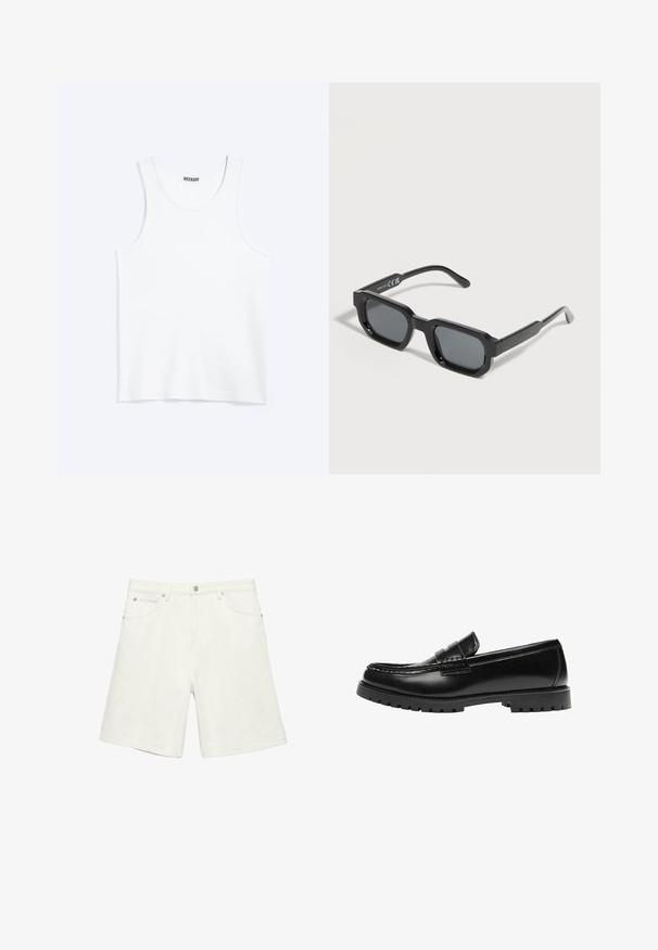 Débardeur blanc sans manches avec col rond et étiquette de la marque Weekday à l'intérieur du col arrière, présenté à plat sur un fond clair.; Short en denim blanc avec bouton et fermeture éclair à l'avant, deux poches avant et deux poches arrière, avec détails à rivets sur les poches.; Mocassin en cuir noir avec une semelle en caoutchouc épaisse et un détail classique de bride à monnaie, vu de côté extérieur.; Lunettes de soleil rectangulaires noires avec des montures épaisses et des verres teintés foncés, inclinées sur un fond blanc.