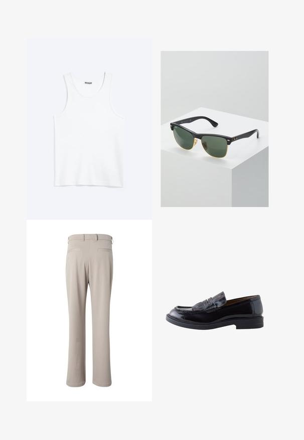 Camiseta sin mangas blanca con cuello redondo y etiqueta de la marca Weekday en el interior del cuello trasero, mostrada plana sobre un fondo claro.; Pantalones beige de corte recto mostrados por detrás, con trabillas para cinturón y dos bolsillos de vivo en la cintura.; Mocasín de hombre de cuero negro con detalle de flecos en el empeine y suela plana, mostrado de lado sobre fondo blanco.; Gafas de sol Ray-Ban con lentes verdes, montura de plástico negro y acentos dorados en los bordes. Forma cuadrada con acabado mate.
