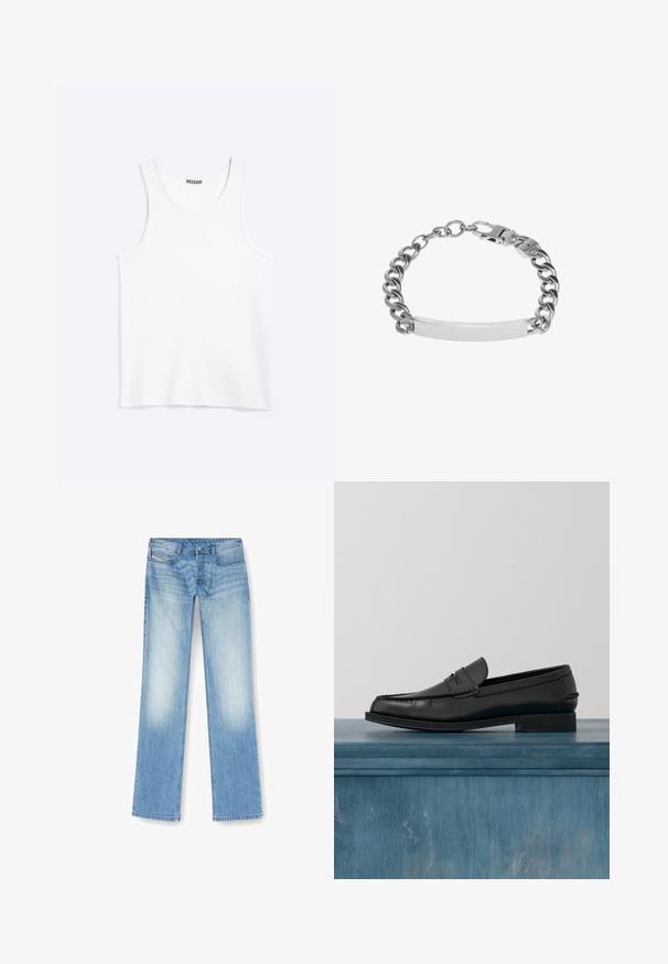 Débardeur blanc sans manches avec col rond et étiquette de la marque Weekday à l'intérieur du col arrière, présenté à plat sur un fond clair.; Jean droit bleu clair en denim, présentant une finition délavée, un design à cinq poches et des détails de couture visibles le long des coutures.; Mocassins noirs en cuir avec un design élégant, comportant un bout cousu et une finition lisse. La chaussure possède un talon bas et un minimum de détails.; Bracelet chaîne en métal argenté avec une plaque rectangulaire lisse et une fermeture sécurisée.