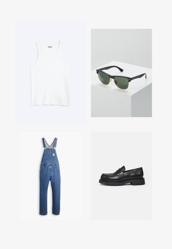 Hvid ærmeløs tanktop med rund halsudskæring og Weekday-mærke på den indvendige baghals, vist fladt på lys baggrund.; Denim overalls i mellemblå, med justerbare stropper, en frontlomme og metalbeslag, i en afslappet pasform og lige ben-design.; Sort læderloafer med tyk rillede sål og penny-remdetalje, vist i højre sideprofil på hvid baggrund.; Ray-Ban solbriller med grønne linser, sorte plastikstel og gyldne detaljer ved kanterne. Firkantet form med mat finish.