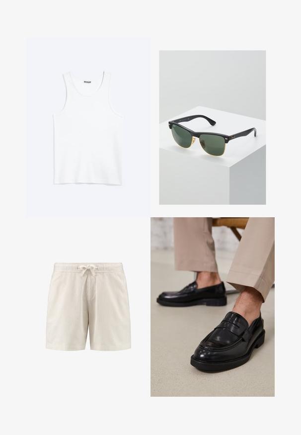 Camiseta sin mangas blanca con cuello redondo y etiqueta de la marca Weekday en el interior del cuello trasero, mostrada plana sobre un fondo claro.; Pantalones cortos de tela acanalada beige con una cinturilla elástica y un cordón atado en el centro delantero.; Mocasines de cuero negro con un acabado suave, que cuentan con una correa decorativa y costuras en contraste, combinados con pantalones beiges.; Gafas de sol Ray-Ban con lentes verdes, montura de plástico negro y acentos dorados en los bordes. Forma cuadrada con acabado mate.