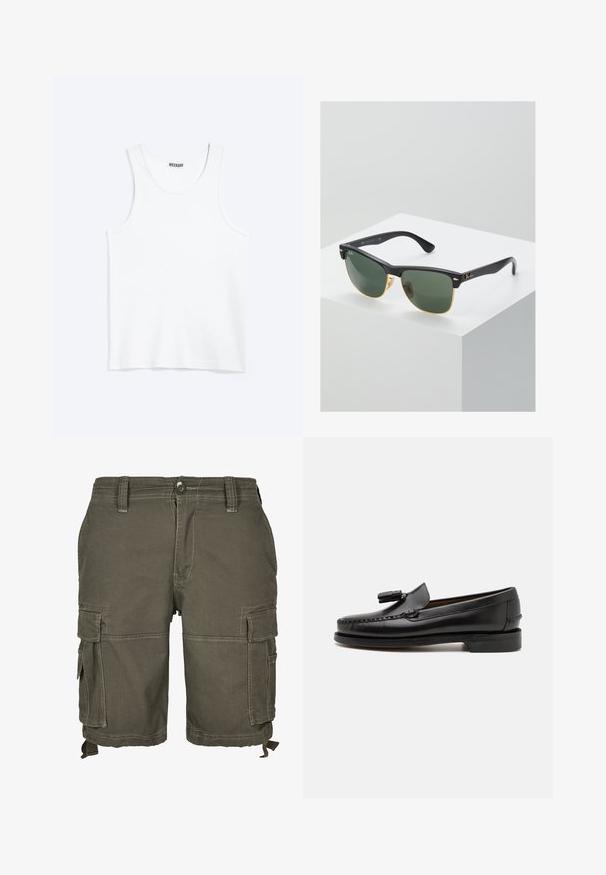 Camiseta sin mangas blanca con cuello redondo y etiqueta de la marca Weekday en el interior del cuello trasero, mostrada plana sobre un fondo claro.; Pantalones cortos cargo en verde oliva, fabricados con tejido duradero, que cuentan con múltiples bolsillos laterales, pasantes para cinturón y detalles cosidos para añadir textura.; Mocasines de cuero negro con costuras de mocasín, punta redonda y acento de borlas. Tacón plano con una textura suave, diseñados para uso casual.; Gafas de sol Ray-Ban con lentes verdes, montura de plástico negro y acentos dorados en los bordes. Forma cuadrada con acabado mate.