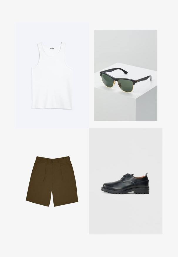 Débardeur blanc sans manches avec col rond et étiquette de la marque Weekday à l'intérieur du col arrière, présenté à plat sur un fond clair.; Shorts marron longueur genou avec passants de ceinture, fermeture à boutons à l'avant et poches latérales, posés à plat sur un fond blanc.; Chaussures derby en cuir noir avec une texture lisse, bout rond, design à lacets et une semelle en caoutchouc épaisse et robuste.; Lunettes de soleil Ray-Ban avec des verres verts, monture en plastique noir et accents dorés sur les bords. Forme carrée avec une finition mate.