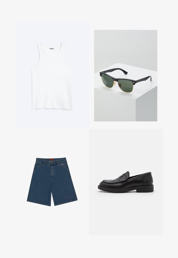 Weißes ärmelloses Tanktop mit rundem Ausschnitt und Weekday-Markenetikett auf der Innenseite des hinteren Kragens, flach auf hellem Hintergrund dargestellt.; Dunkelblaue Jeansshorts mit mittelhohem Bund, Druckknopfverschluss, Fronttaschen und gesticktem Logo auf der linken Seite.; Schwarze Lederloafer mit abgerundetem Zeh, farblich abgestimmtem Nähen und einem Riemendetail an der Vorderseite. Gummi-Sohle mit niedrigem Absatz.; Ray-Ban Sonnenbrillen mit grünen Gläsern, schwarzen Kunststoffrahmen und goldenen Akzenten an den Rändern. Quadratische Form mit matter Oberfläche.