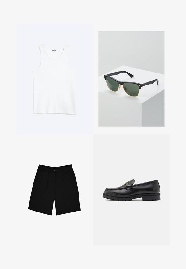 Hvid ærmeløs tanktop med rund halsudskæring og Weekday-mærke på den indvendige baghals, vist fladt på lys baggrund.; Sorte shorts lavet af stof med en glat tekstur, der har en frontknaplukning, to sidelommer og et plisseret design.; Sorte læder loafers med en glat finish, rund tå, en dekorativ rem med guldhardware og en robust sort sål.; Ray-Ban solbriller med grønne linser, sorte plastikstel og gyldne detaljer ved kanterne. Firkantet form med mat finish.