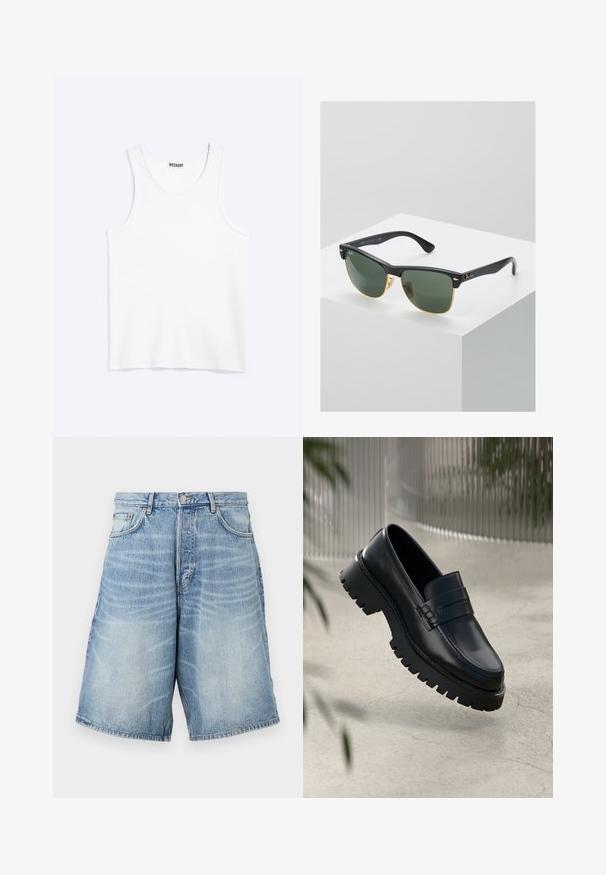 Débardeur blanc sans manches avec col rond et étiquette de la marque Weekday à l'intérieur du col arrière, présenté à plat sur un fond clair.; Shorts en denim bleu clair avec un délavage. Comprend une taille avec bouton, des passants de ceinture et deux poches avant.; Mocassins en cuir noir avec une semelle à crampons épaisse, dotés d'une sangle décorative et de détails de couture. Texture lisse avec une finition polie.; Lunettes de soleil Ray-Ban avec des verres verts, monture en plastique noir et accents dorés sur les bords. Forme carrée avec une finition mate.