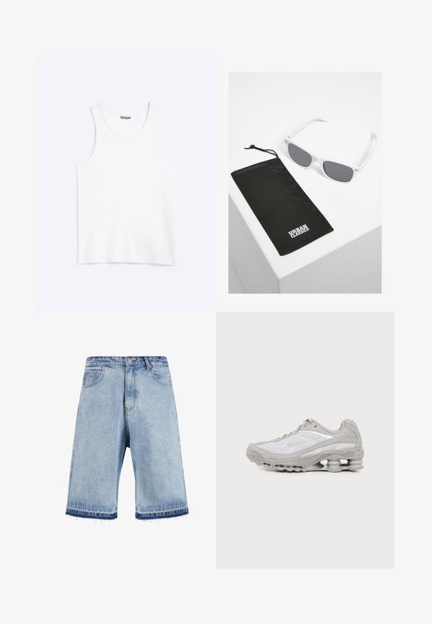 Weißes ärmelloses Tanktop mit rundem Ausschnitt und Weekday-Markenetikett auf der Innenseite des hinteren Kragens, flach auf hellem Hintergrund dargestellt.; Helles blaus Denim-Shorts mit einem ausgefransten Saum, ausgestattet mit einem klassischen Fünf-Taschen-Design und einem Knopfverschluss vorne. Leicht ausgebleichte Waschung.; Grauer und weißer Sportschuh mit sichtbarer Luftpolstersohle und Mesh-Einsätzen, im Profil auf einfachem hellem Hintergrund gezeigt.; Weiße Plastiksunglasses mit grauen Gläsern neben einem schwarzen Stoffbeutel mit einem weißen "URBAN CLASSICS"-Logo in fetter Schrift.