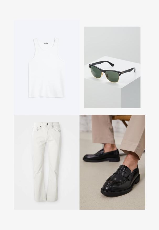 Débardeur blanc sans manches avec col rond et étiquette de la marque Weekday à l'intérieur du col arrière, présenté à plat sur un fond clair.; Jean clair en mélange de coton. Design à jambe droite avec cinq poches et fermeture à bouton en métal. Texture lisse.; Mocassins en cuir noir avec une finition lisse, ornés d'une sangle décorative et de coutures contrastées, associés à un pantalon beige.; Lunettes de soleil Ray-Ban avec des verres verts, monture en plastique noir et accents dorés sur les bords. Forme carrée avec une finition mate.