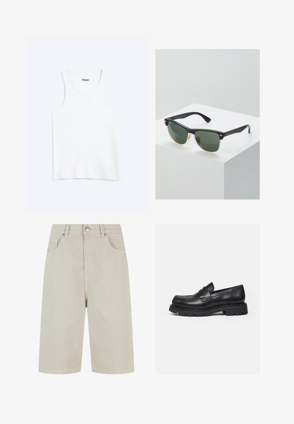 Débardeur blanc sans manches avec col rond et étiquette de la marque Weekday à l'intérieur du col arrière, présenté à plat sur un fond clair.; Shorts en denim beige avec une coupe droite, une fermeture à bouton à l'avant et quatre poches. Le tissu a une texture lisse et un minimum de détails de couture.; Mocassin en cuir noir avec semelle épaisse crantée et détail de bride penny, présenté en profil droit sur fond blanc.; Lunettes de soleil Ray-Ban avec des verres verts, monture en plastique noir et accents dorés sur les bords. Forme carrée avec une finition mate.
