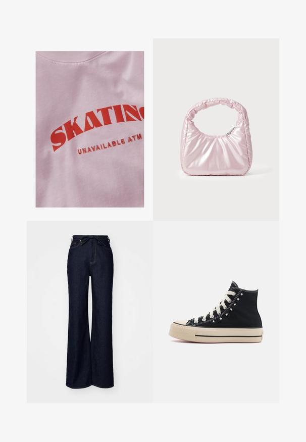 JJXX JXDELILAH TEE - Μπλουζάκι με στάμπα - pink lady; Σκούρο μπλε παντελόνι τζιν σε φαρδιά γραμμή, φτιαγμένο από τζιν ύφασμα, με ψηλή μέση, εμπρόσθιες τσέπες και κλείσιμο με κορδόνι στη μέση.; Converse CHUCK TAYLOR ALL STAR LIFT - Ψηλά αθλητικά παπούτσια - black/lotus pink/egret; Ροζ, επενδεδυμένη τσάντα χειρός με στρογγυλεμένο σχέδιο, κατασκευασμένη από γυαλιστερό υλικό. Διαθέτει μαζεμένη λαβή και κλείσιμο με φερμουάρ για ασφαλή πρόσβαση.