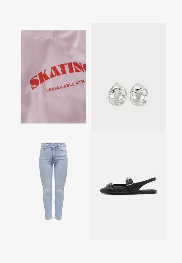 JJXX JXDELILAH TEE - Printtipaita - pink lady; Vaaleansiniset skinny-farkut, jotka on valmistettu denimistä ja joissa on vetoketjusuljenta, viisi taskua sekä sileä pinta, jossa on minimaalista haalistumista.; Mustat nahkakengät, joissa on ryhmäpohja, neliömäinen kärki ja kaksi soljella varustettua hihnaa päällä. Sujuva pinta, jossa on minimaalinen yksityiskohdat.; Hopeiset abstraktimuotoiset nappikorvakorut, joissa on kiiltävä pinta ja sileät kaaret sekä hienovaraiset muodot. Ei näkyviä kuvioita tai koristeita.