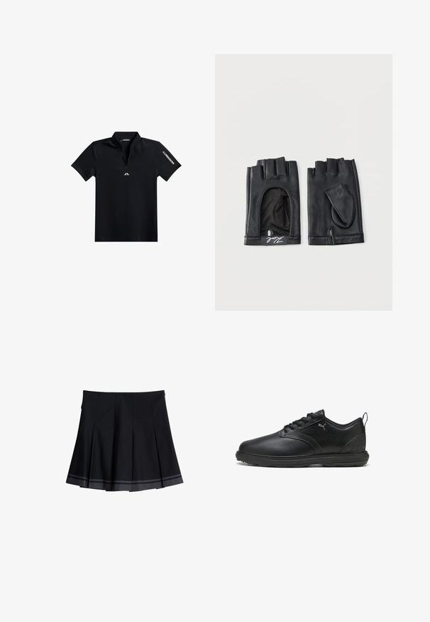 Polo negro de manga corta con cuello de cremallera, con un logo blanco en el pecho y el texto "J. Lindeberg" en la manga derecha. Textura lisa.; Falda negra plisada con dos franjas grises horizontales cerca del dobladillo, con una cinturilla suave y detalles laterales sutiles.; Zapato de cuero negro con un acabado suave, panel lateral texturizado, diseño de cordones y cuello acolchado. Presenta un logo sutil y acentos con patrón.; Par de guantes de cuero negros sin dedos con cubiertas de pulgar removibles y pequeño logo blanco en la muñeca.