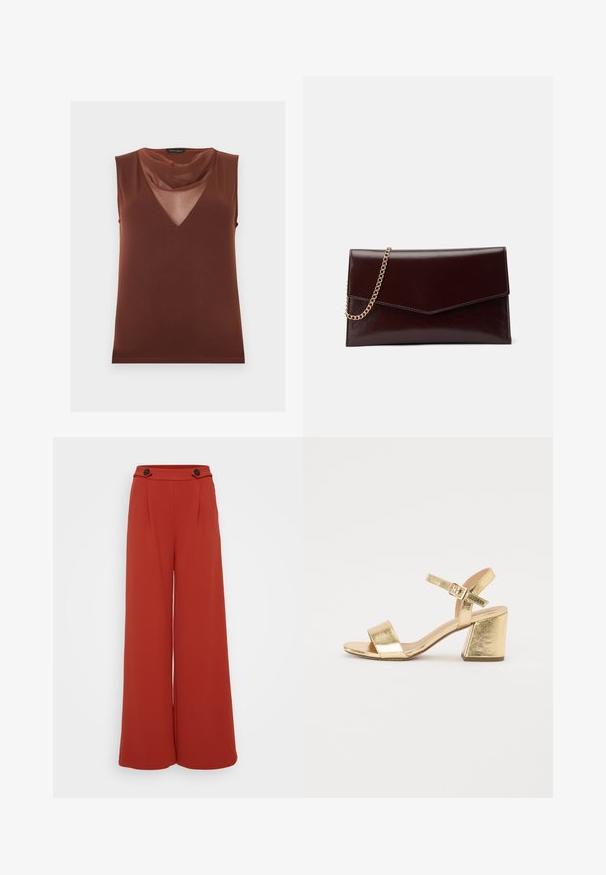 Haut marron sans manches avec un panneau en V transparent et un col drapé doux, étiqueté "Anna Field".; Pantalon large taille haute couleur rouille avec deux boutons foncés à la taille sur fond blanc.; Sandales à talons hauts métalliques dorées avec un talon large, bout ouvert et bride de cheville. Texture lisse et design minimaliste.; Sac à main en cuir de couleur bordeaux foncé avec un design en forme d'enveloppe. Il dispose d'une anse en chaîne dorée, d'une texture lisse et d'une fermeture en pointe.