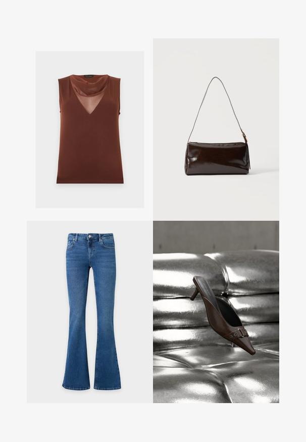 Haut marron sans manches avec un panneau en V transparent et un col drapé doux, étiqueté "Anna Field".; Jean en denim bleu avec jambes évasées, fermeture à bouton et zip devant, et poches avant et arrière sur un fond uni.; Mule à talon brun à bout pointu avec détail boucle flottant au-dessus d'une surface en cuir argenté capitonnée brillante.; Sac à bandoulière rectangulaire en cuir marron foncé avec une seule sangle fine et une boucle dorée sur un fond uni.