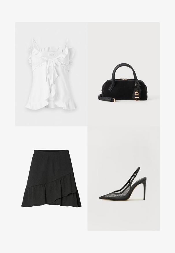 Blouse blanche sans manches avec fines bretelles, bordure à volants, nœud à nouer devant et détail d'ourlet évasé.; Jupe portefeuille noire à texture, avec ourlet asymétrique à volants et taille élastique.; L'escarpin noir à bout pointu présente un design en maille, une bride de cheville avec une boucle en argent et un talon aiguille haut. Texture lisse dans l'ensemble.; Sac à main en cuir noir avec des poignées arrondies, une fermeture éclair dorée, une bandoulière amovible et un charm suspendu en forme de cadenas doré.