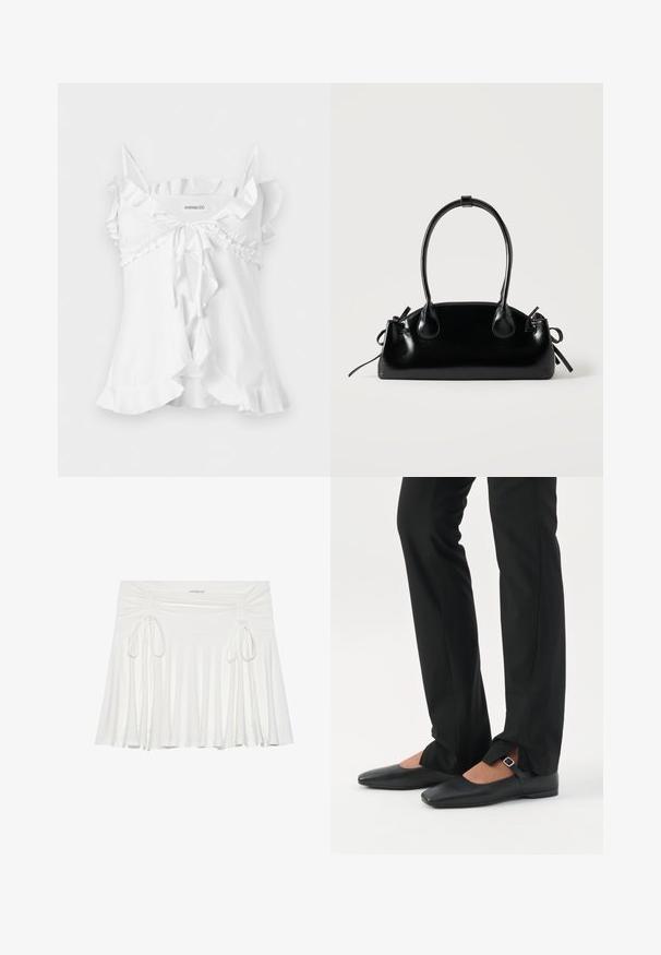 Blouse blanche sans manches avec fines bretelles, bordure à volants, nœud à nouer devant et détail d'ourlet évasé.; Jupe évasée blanche en tissu doux, avec des détails froncés sur les côtés et des liens ajustables, créant une silhouette fluide.; Jambes vêtues d’un pantalon slim noir avec des fentes à l’avant de l’ourlet, assorties à des chaussures plates Mary Jane noires avec une petite bride à boucle.; Petit sac à main noir brillant avec deux longues anses et des détails à cordon sur les côtés sur un fond clair uni.