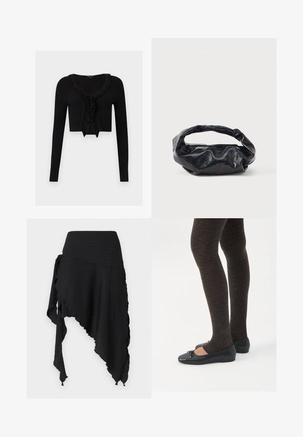 Cardigan court en maille côtelée noire avec manches longues, encolure volantée et détail noué devant.; Jupe noire asymétrique en tissu texturé avec un ourlet irrégulier, présentant un design drapé et superposé ainsi qu'un détail de lien sur un côté.; Jambes portant des leggings côtelés foncés associés à des ballerines noires avec de petits détails en nœud sur fond blanc.; Sac noir en matériau texturé et brillant avec une poignée circulaire torsadée et une fermeture éclair. Présente un design doux et froissé.