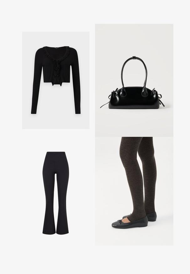 Čierny krátky rebrovaný kardigán s dlhými rukávmi, volánikový výstrih a detail na zaväzovanie vpredu.; Čierne, vysoko pásové rozšírené nohavice vyrobené z pružnej látky. Majú hladký povrch a priliehavý strih cez boky.; Nohy v tmavých pásikavých legínach v kombinácii s čiernymi balerínkami s malými mašličkami na bielom pozadí.; Malá čierna lesklá kabelka s dvoma dlhými rúčkami a bočnými šnúrkovými detailmi na jednoduchom svetlom pozadí.
