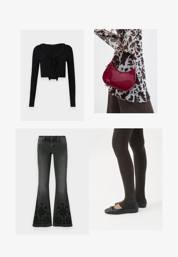 Zwarte cropped geribde cardigan met lange mouwen, gerimpelde halslijn en strikdetail aan de voorkant.; Zwarte flared jeans met een vervaagd effect; voorzien van zwarte geborduurde bloemenpatronen aan de zoom; denimstof met een gladde textuur.; Benen met donkere geribbelde leggings gecombineerd met zwarte ballerina's met kleine strikdetails op een witte achtergrond.; Vrouw met een zwart-wit gebloemde blouse houdt een glanzende rode schoudertas vast tegen een effen achtergrond.