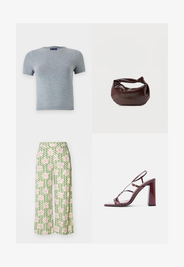 Graues Kurzarm-T-Shirt aus weichem Strickstoff, mit rundem Halsausschnitt und tailliertem Schnitt, minimaler Naht und ohne Muster.; Weite Hosen aus einem grünen Stoff mit einem welligen Muster und pinken Blumen. Der Bund ist flach und unterstreicht das lässige Design.; Bordeauxfarbene Sandalette mit hohem Absatz, quadratischer Zehenpartie, schlanken Riemen und glänzendem Finish. Verfügt über einen stabilen Blockabsatz und goldene Hardware-Akzente.; Dunkelbraune Lederschultertasche mit weicher, lockerer Form und einem gedrehten Knotengriff vor schlichtem weißem Hintergrund.