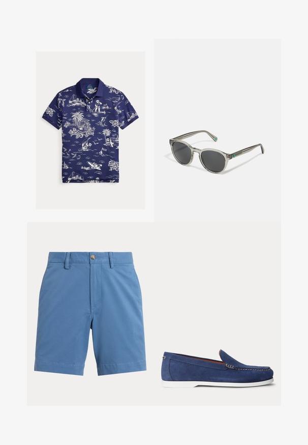 Marineblauw poloshirt met witte tropische en nautische illustraties waaronder palmbomen, boten, een pilotenbeer, vissen en eilandenamen.; Blauwe casual heren shorts met riemlussen, voorste knoop en ritssluiting op een effen lichte achtergrond.; Blauwe suède loafer met witte zool en beige stiksels langs de bovenrand, afgebeeld tegen een effen witte achtergrond.; Transparante grijze zonnebril met donkere lenzen, ronde montuur en groene accenten op de armen. Heeft een gepolijste afwerking voor een gladde textuur.