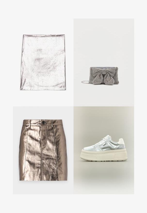 Metallic sølv stof med en glat tekstur og let glans. Rektangulær form, kanter pænt syet, ingen fremtrædende mønstre eller detaljer.; Metallic bronze denim minibukser med lige skæring, forlommer og taljebånd med knaplukning. Glat og blank tekstur.; Kraftig platform-sneaker med metallic sølv overdel, hvide snørebånd og tyk cremefarvet tekstureret sål, vist i sideprofil på neutral baggrund.; Glitrende grå håndtaske med en tekstureret overflade, der har en stor sløjfe-accent på forsiden og en kædrem. Kompakt rektangulær form.