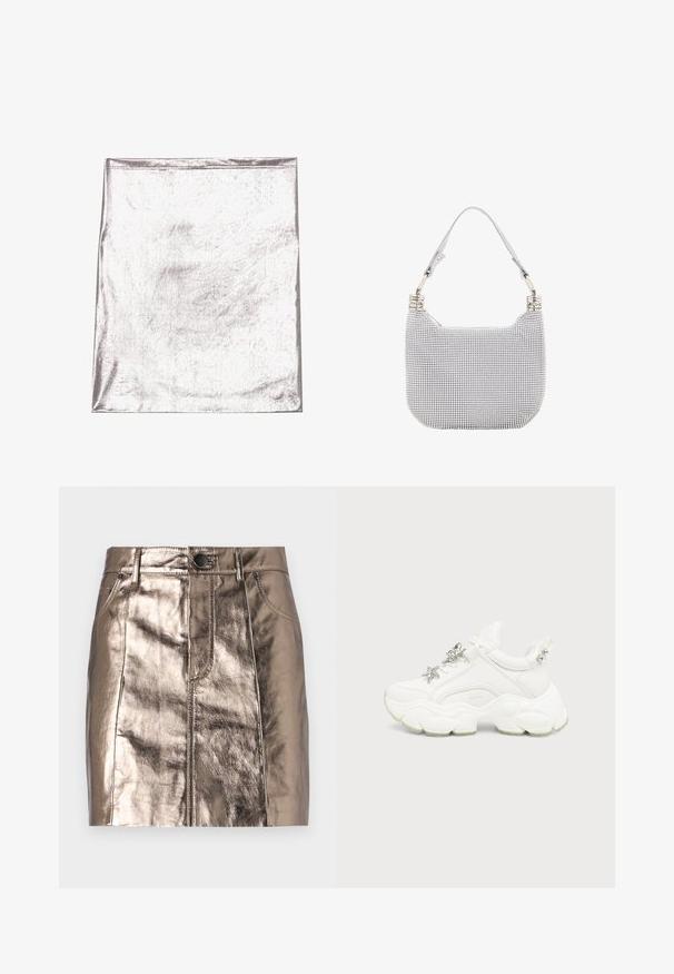 Metallic sølv stof med en glat tekstur og let glans. Rektangulær form, kanter pænt syet, ingen fremtrædende mønstre eller detaljer.; Metallic bronze denim minibukser med lige skæring, forlommer og taljebånd med knaplukning. Glat og blank tekstur.; Hvid chunky sneaker med tyk tekstureret sål, sølvstjerne og sommerfugledekorationer på hvide snørebånd og sølvnitter på hælremmen.; Grå og sølv håndtaske med et tekstureret mønster, rund form, skulderrem og skinnende hardware detaljer. Lynlåslukning øverst.