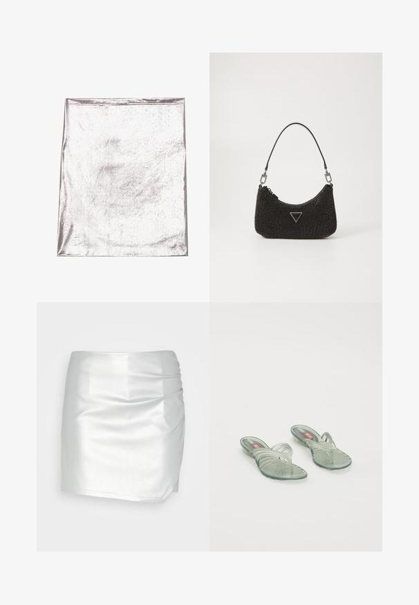 Metaalachtig zilverkleurig stof met een gladde textuur en een lichte glans. Rechthoekige vorm, randen netjes gestikt, geen opvallende patronen of accenten.; Even&Odd by Zalando Shorts - silver; Transparante jelly sandalen met een golfvormig ontwerp, voorzien van een tussenstuk en een gegroefd zoolpatroon. Kleuren zijn onder andere lichtgroen en transparante tinten.; Zwarte parelhandtas met een gebogen vorm, uitgerust met een enkele leren schouderband, driehoekig logo-detail en ritsluiting.