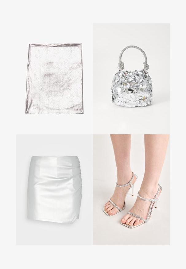 Metallic sølv stof med en glat tekstur og let glans. Rektangulær form, kanter pænt syet, ingen fremtrædende mønstre eller detaljer.; Even&Odd Shorts - silver; Fødder iført sølvfarvede højhælede sandaler med tynde stropper og firkantede tå, som står på en lys overflade.; Rund sølvfarvet håndtaske dækket af refleksive palietter, med et fletnet håndtag og et lille logo på fronten. Generelt glat tekstur.